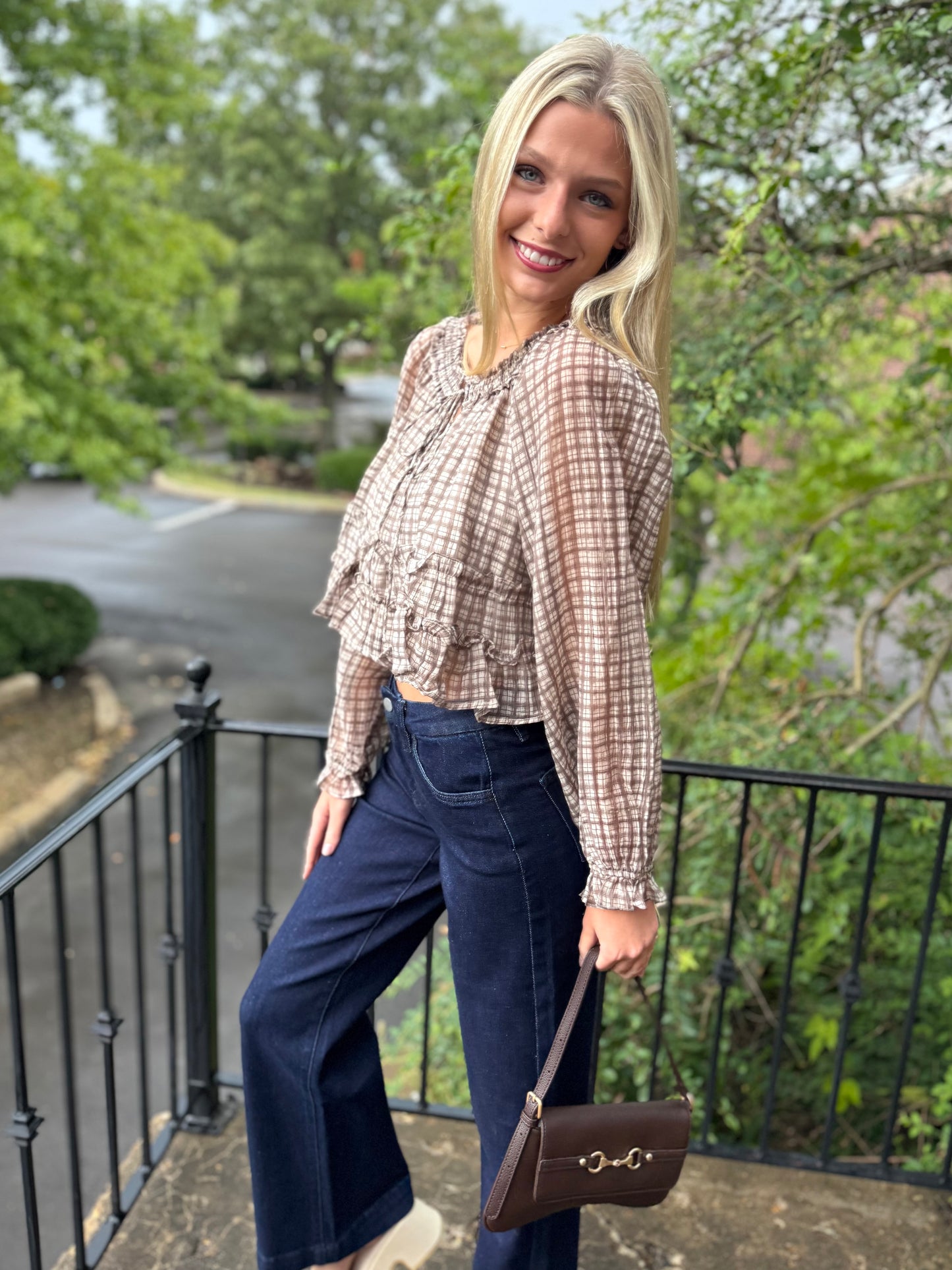 Brown Plaid Smocked Top