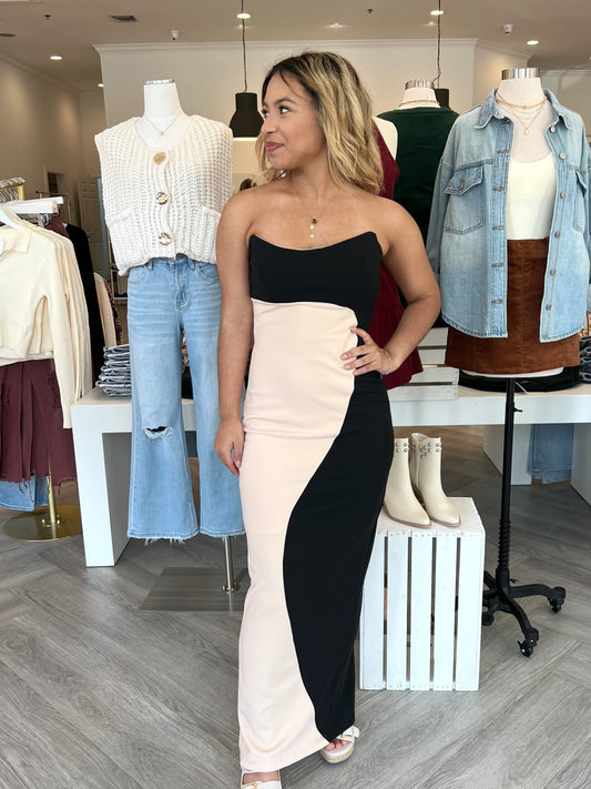 Black/Beige Strapless Abstract Maxi