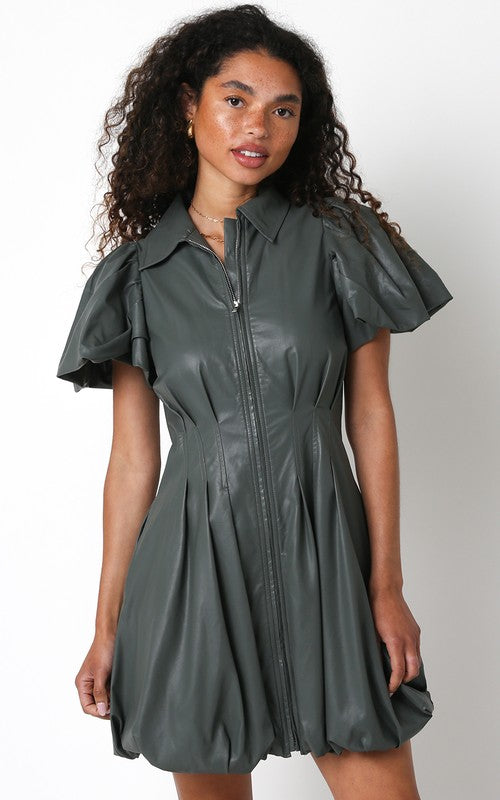 Olive Leather Zip Up Dress