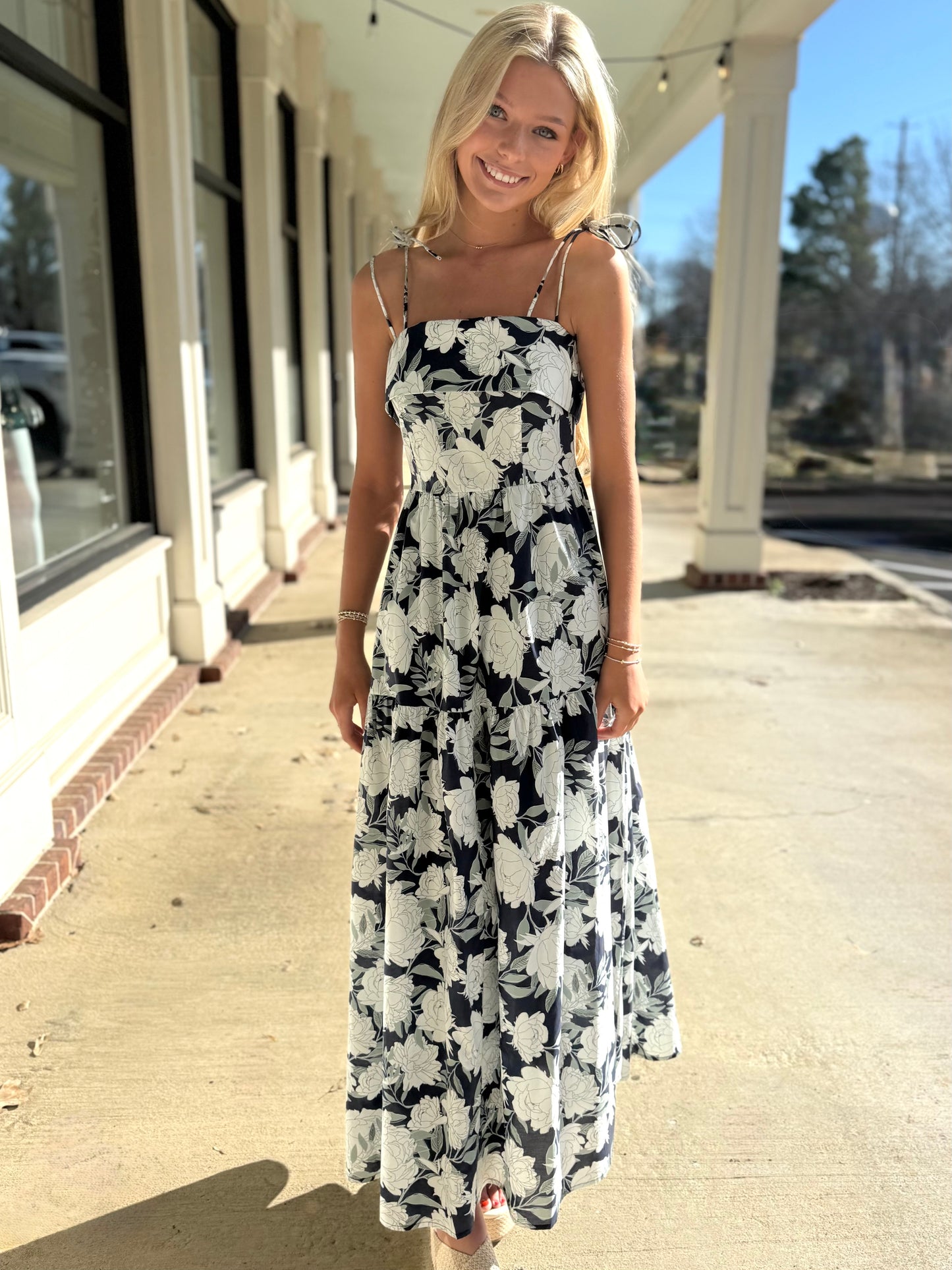 Navy Floral Double Tie Maxi
