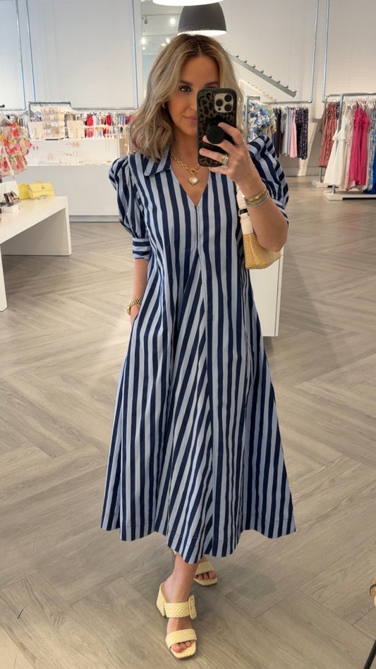 Blue Striped V-Neck Midi