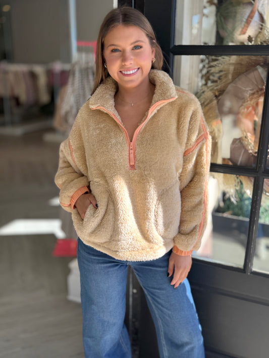 Beige/Orange Fluffy Fleece Zip Up