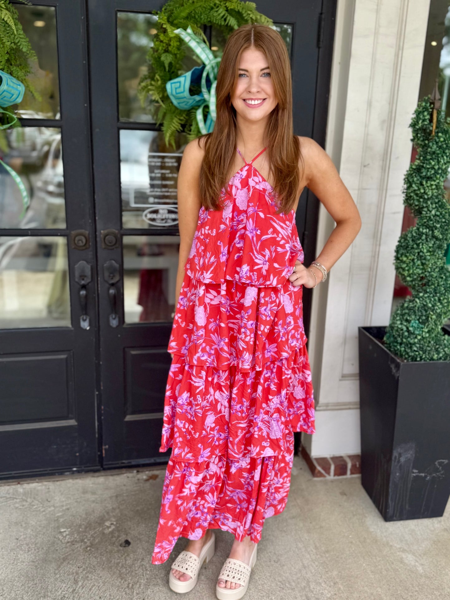 Red Pink Halter Tiered Maxi