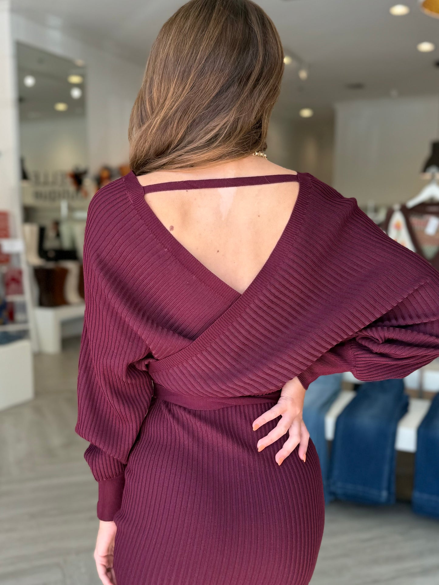 Wine Ribbed Sweater Dress