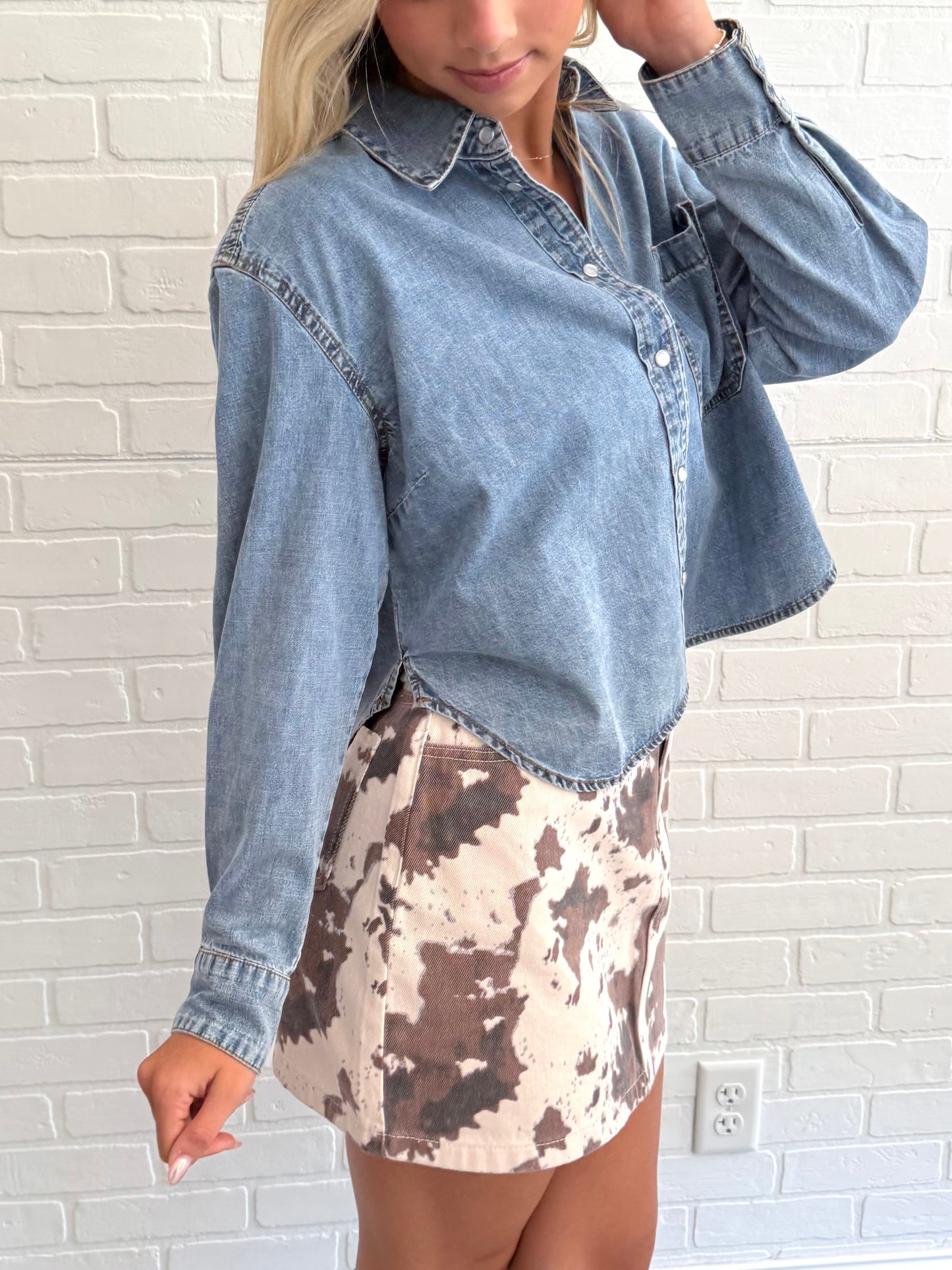 Denim Glass Button Cropped Jacket