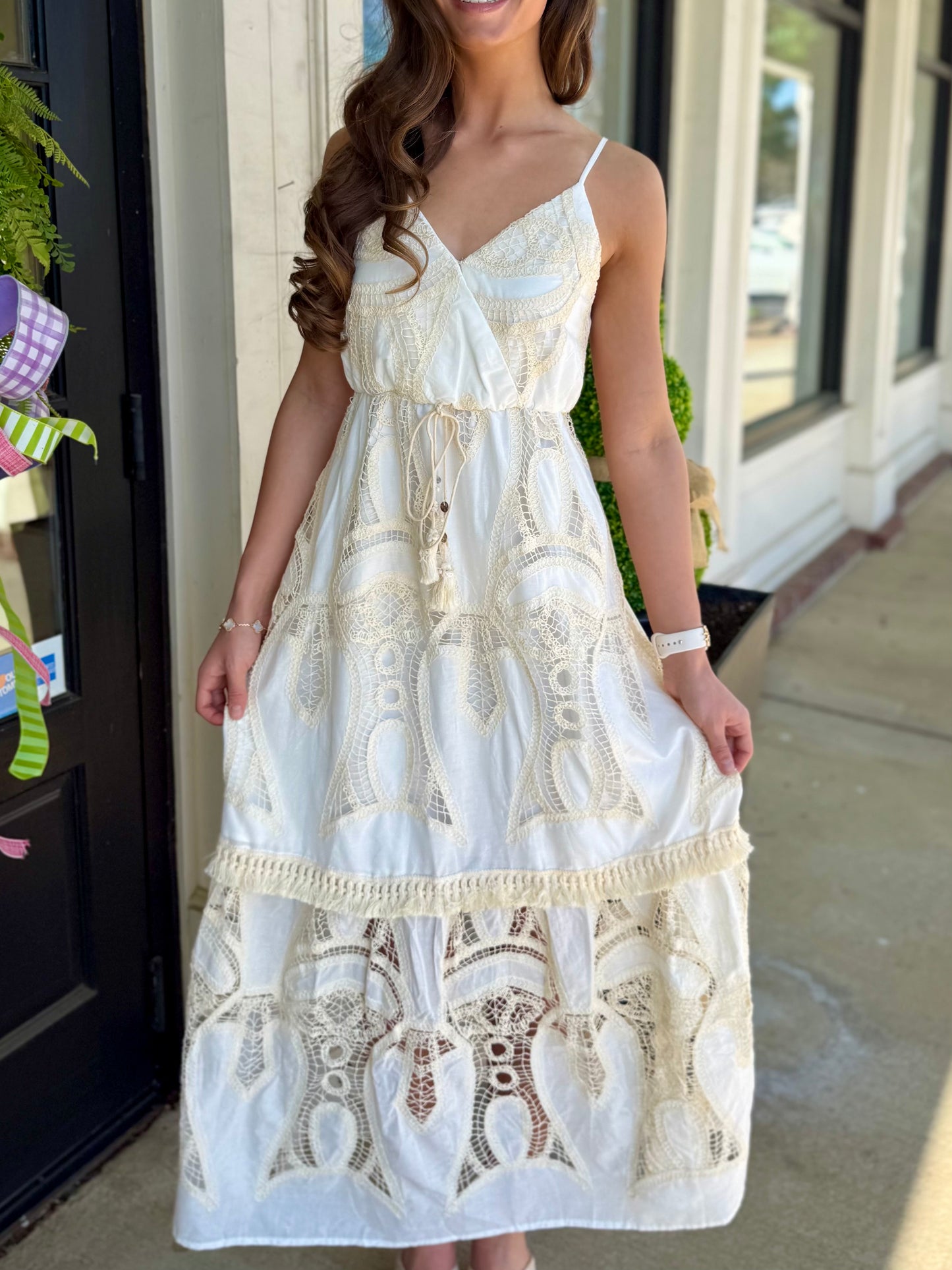 White/Beige Crochet Lace Maxi