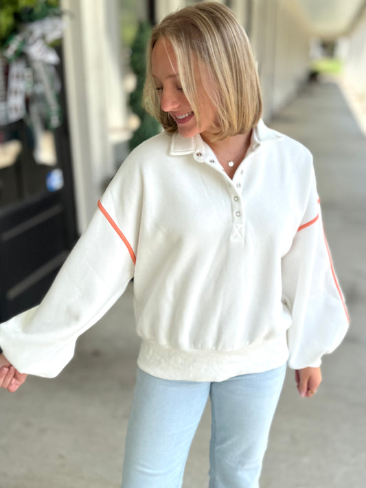 White/Orange Piping Snap Pullover