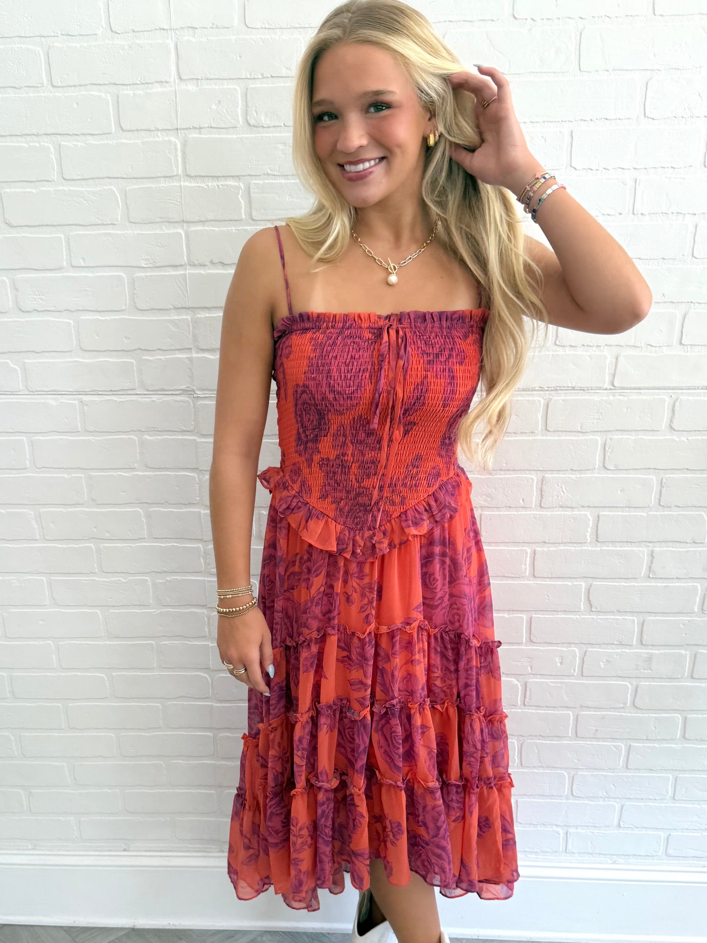 Magenta Rose Smocked V Midi