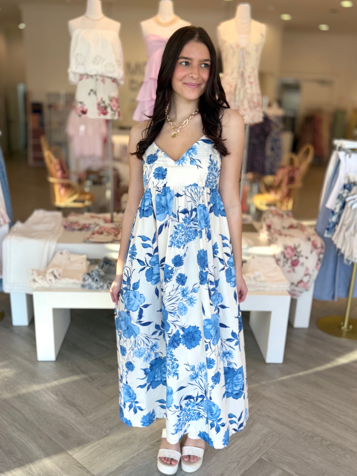 Cream/Blue Hydrangea Midi