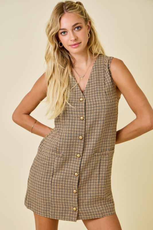 Tan Houndstooth Button Down Dress