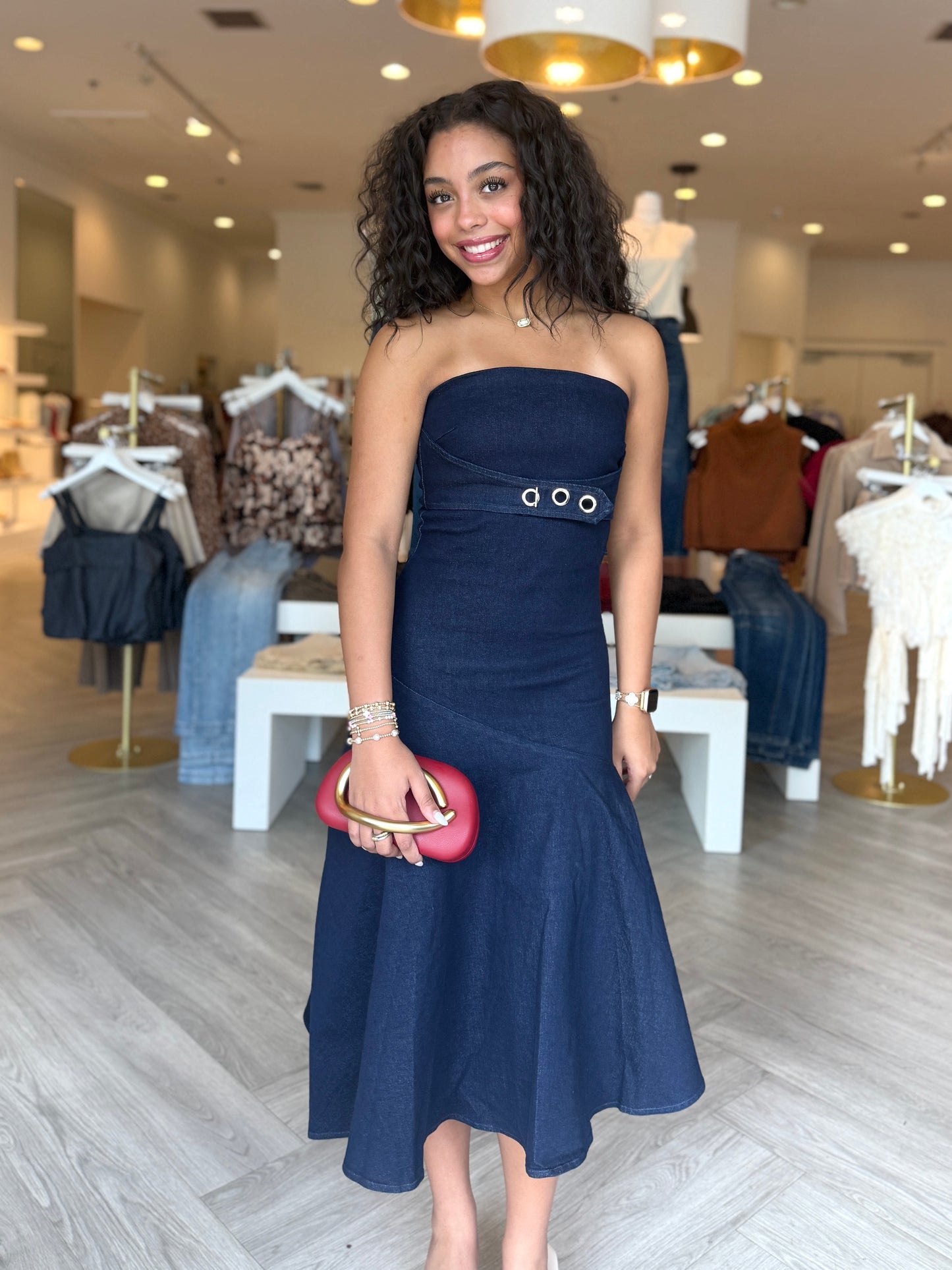 Denim Asym. Strapless Midi