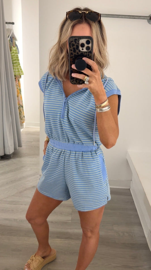 Blue/Yellow Stripe Romper w/Hoodie