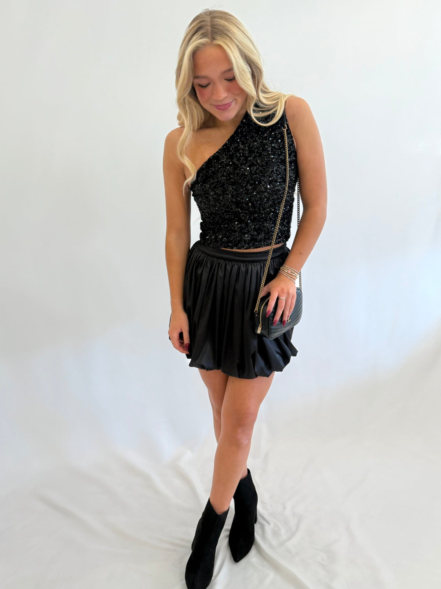 Black Satin Bubble Hem Skirt