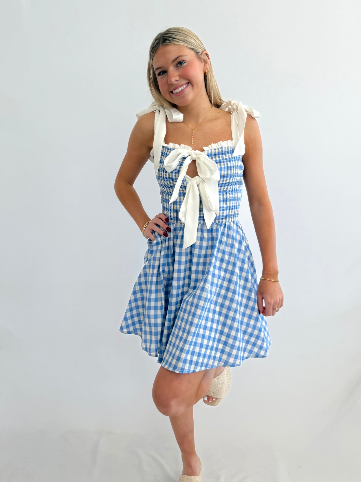 Blue Gingham Front Tie Dress