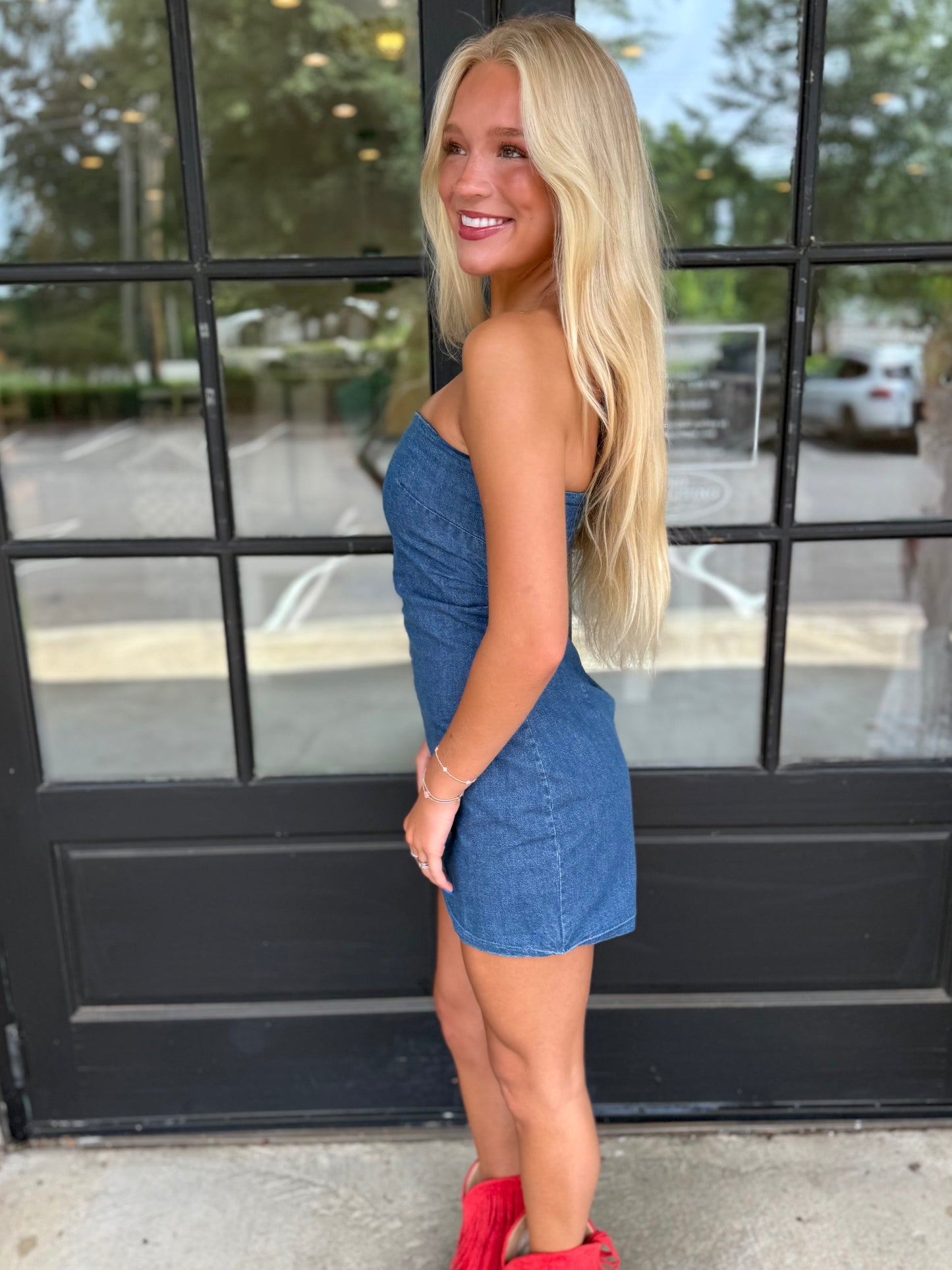 Denim Cinched Strapless Mini