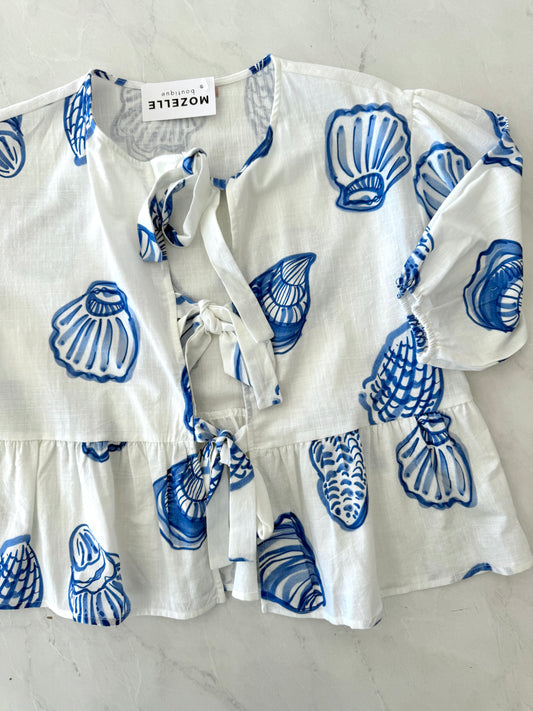 Blue Seashell Front Tie Top