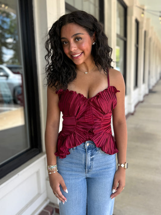 Burgundy Ruffle Satin Top