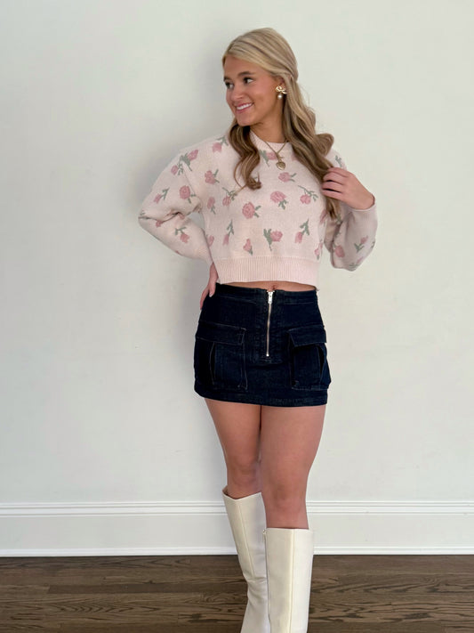 Pink L/S Floral Crop Sweater