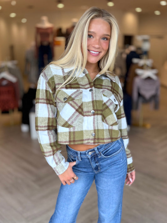 Olive Cropped Flannel Jacket