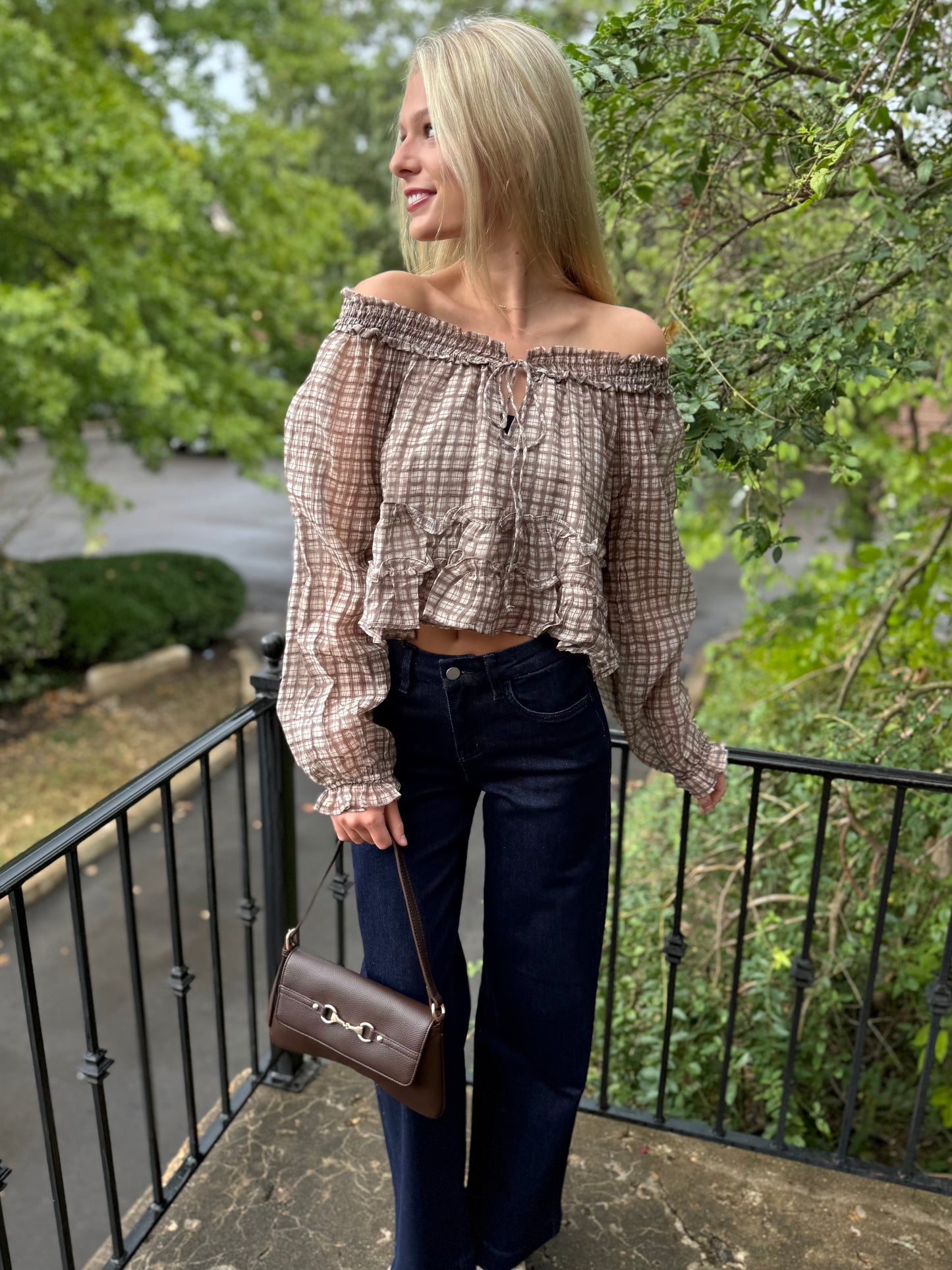 Brown Plaid Smocked Top