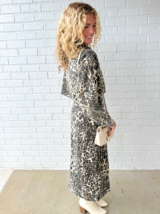 Leopard Denim Slit Midi Skirt
