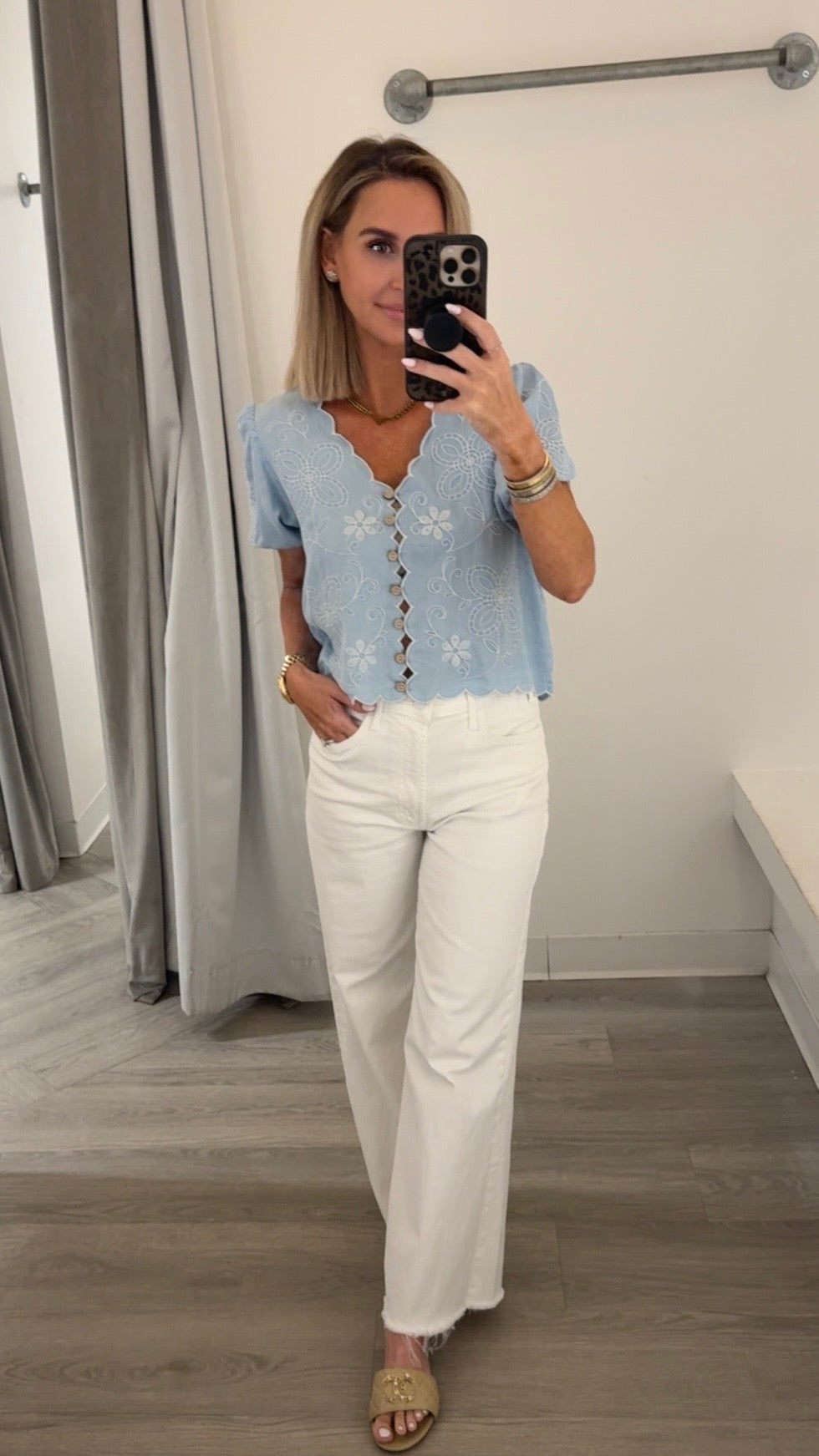 Chambray Scallop Trim Puff Top