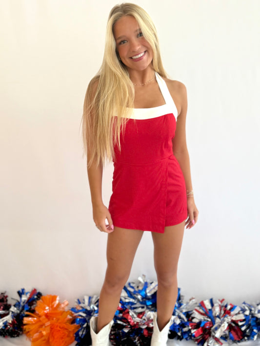 Red/White Tie Neck Playsuit