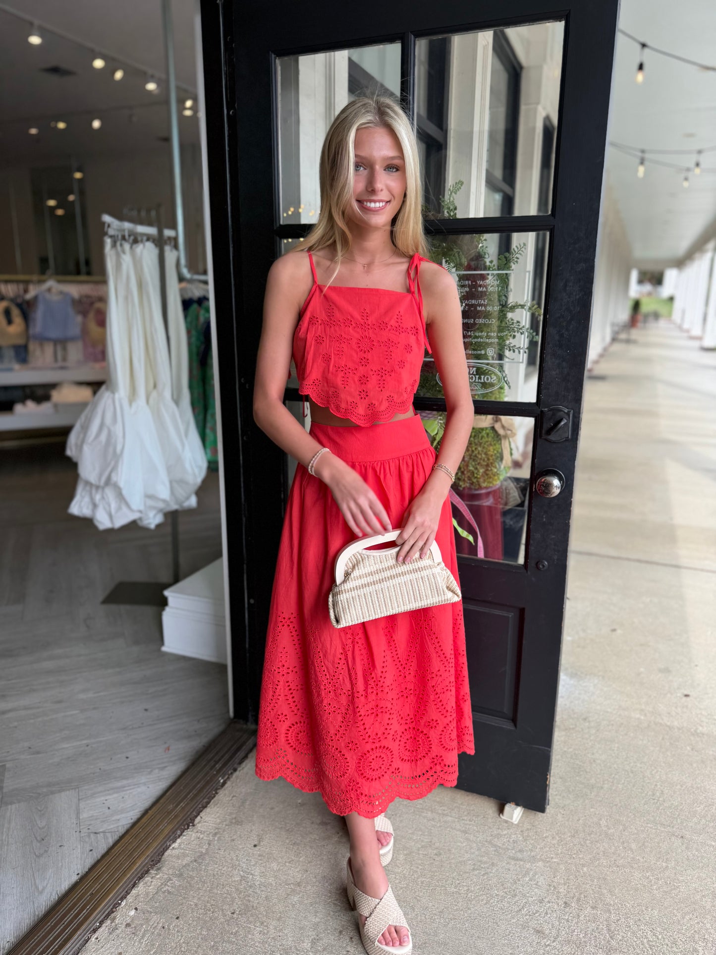 Tomato Eyelet Scallop Hem Top