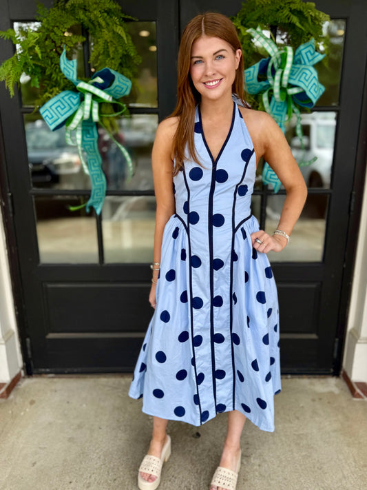 Blue Polka Dot Halter Maxi