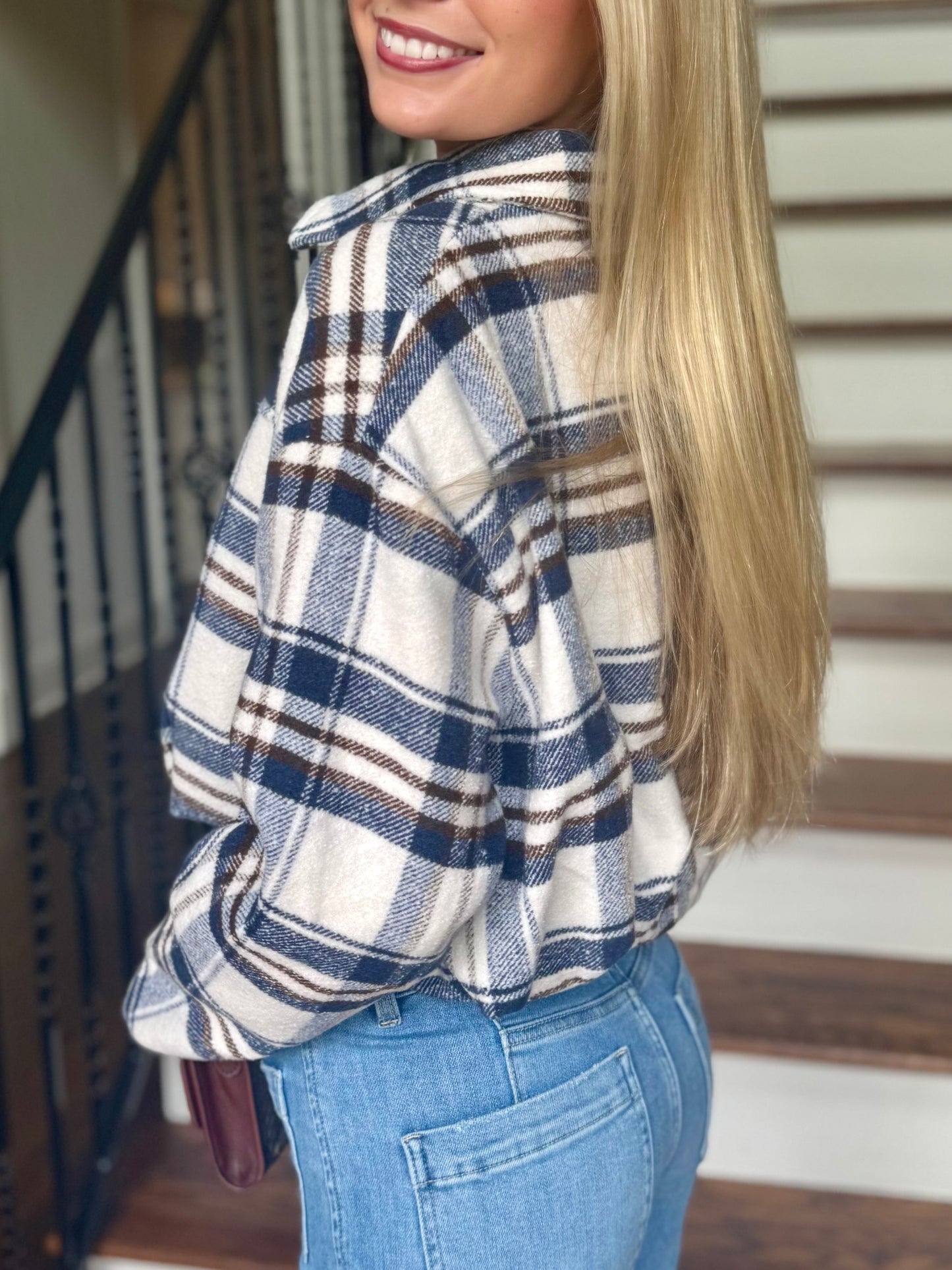 Navy Flannel Cropped Jacket