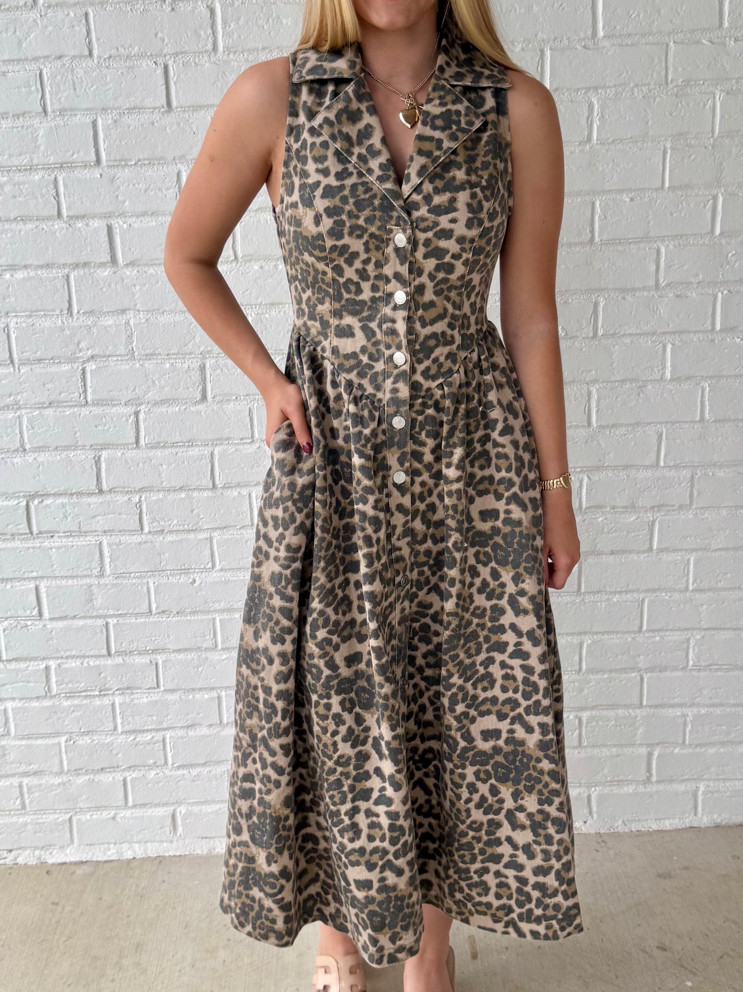 Leopard Denim Notched Flare Midi