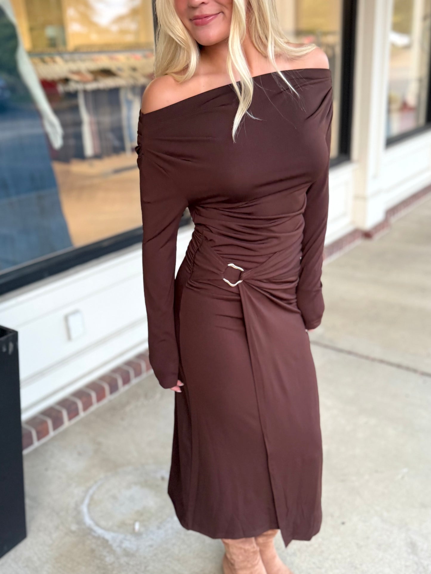 Brown O/S Buckled Draped Midi