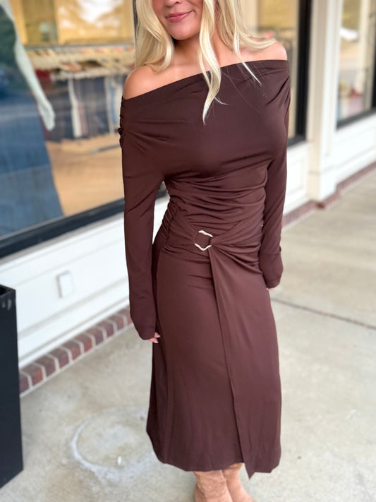 Brown O/S Buckled Draped Midi