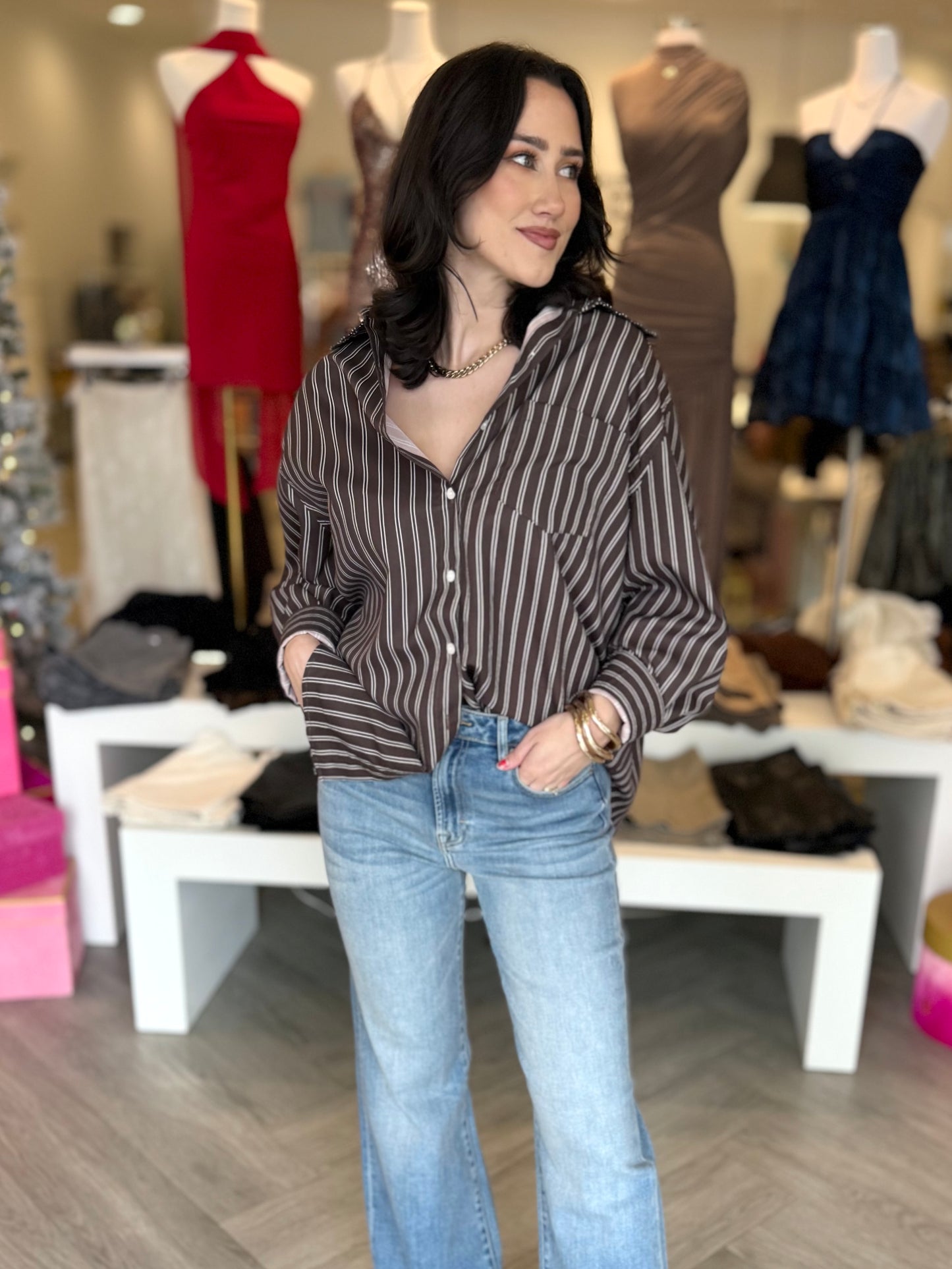 Brown Striped Loose Fit Shirt