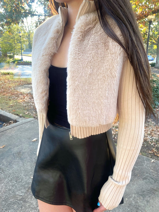 Beige Fur Sweater Zip Up