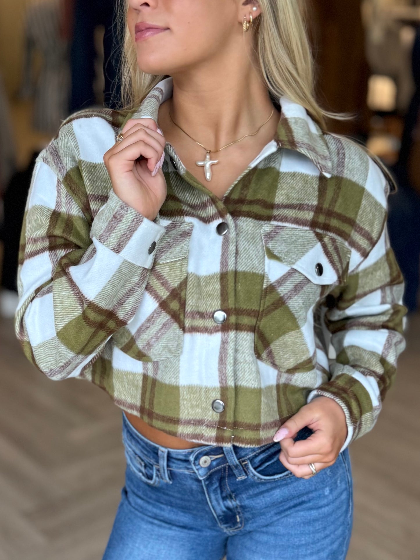 Olive Cropped Flannel Jacket