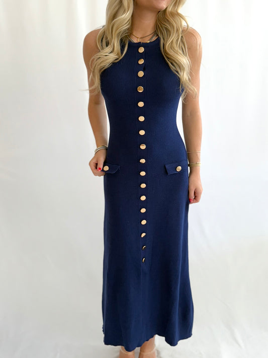 Navy Gold Button Knit Dress