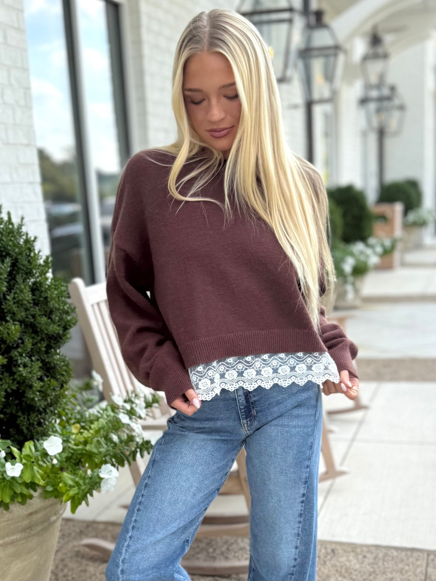 Brown Knit Lace Sweater