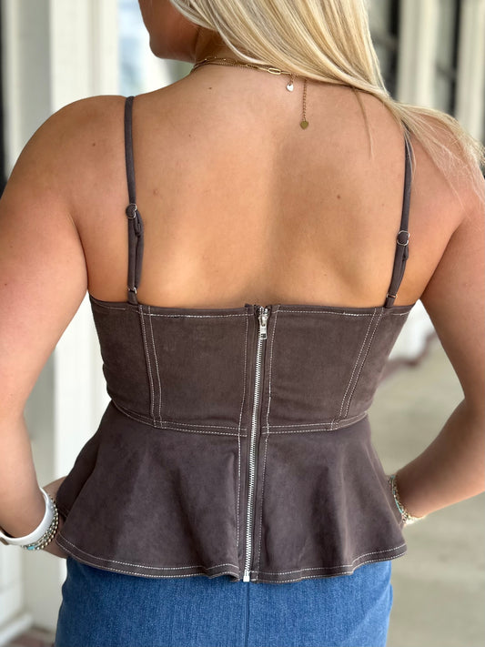 Charcoal Strappy Embr. Suede Top