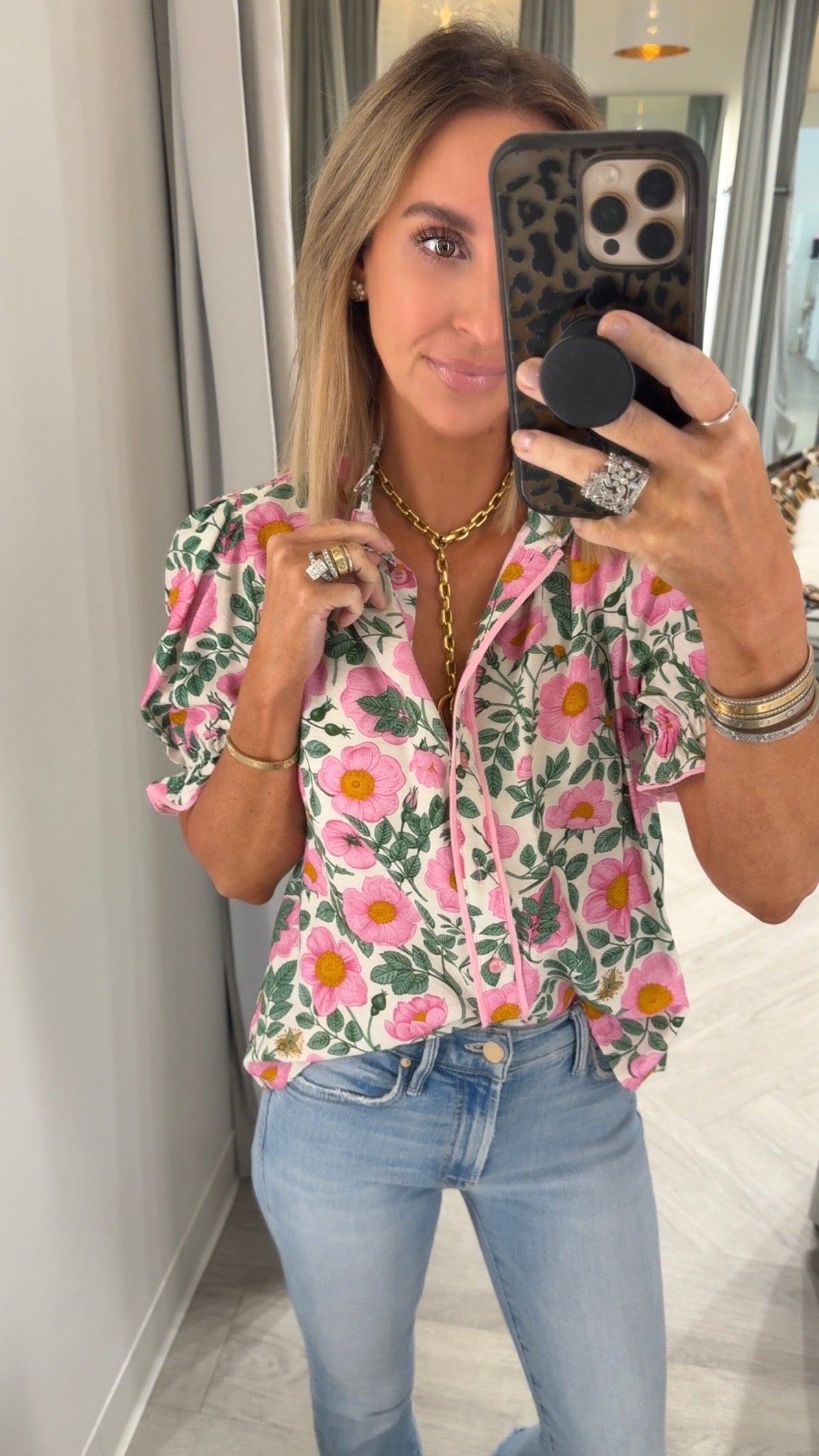Pink Floral Cuffed Sleeve Top