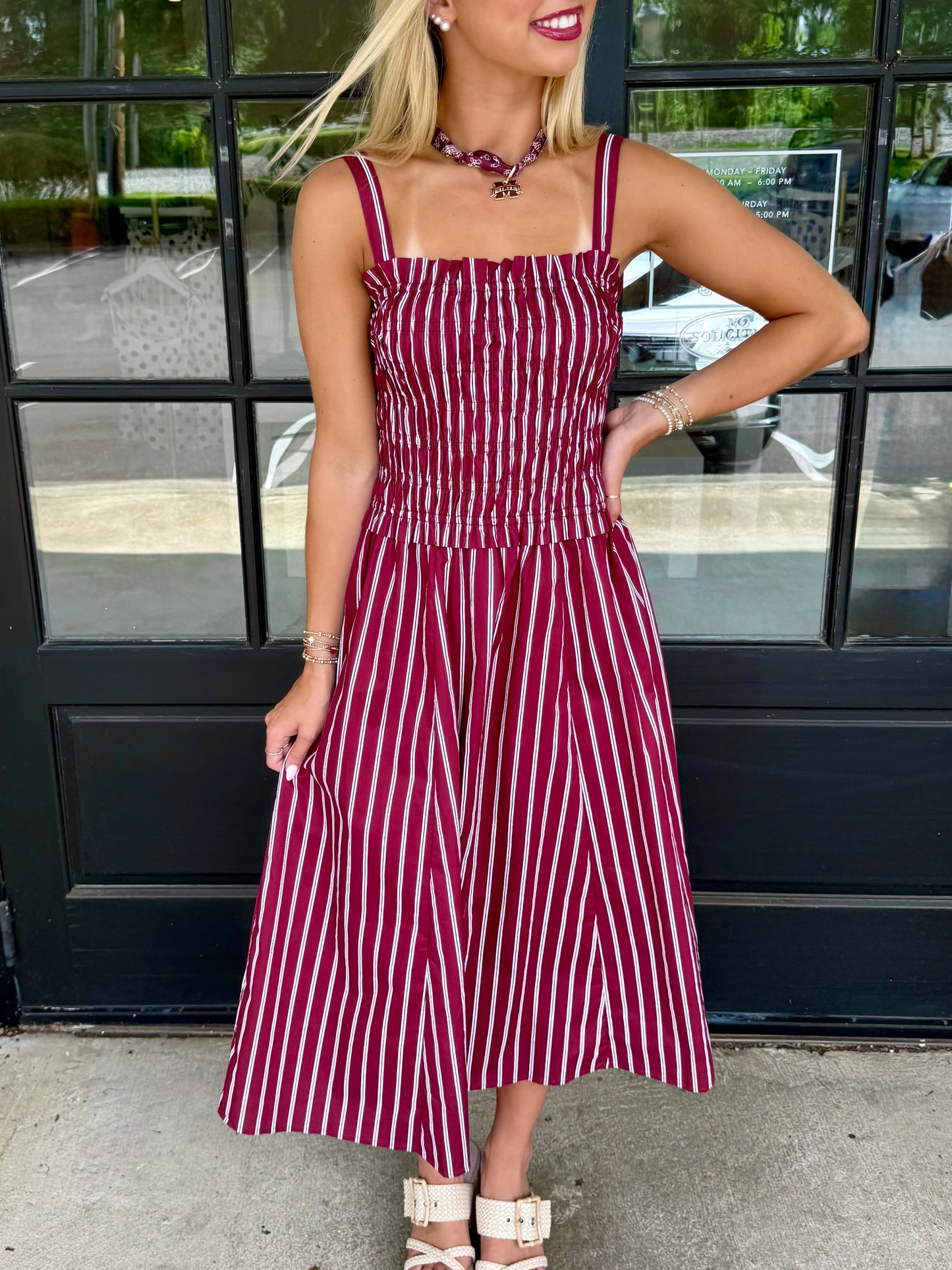 Maroon Smocked Stripe Midi