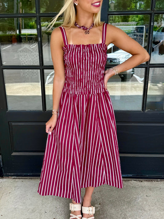 Maroon Smocked Stripe Midi