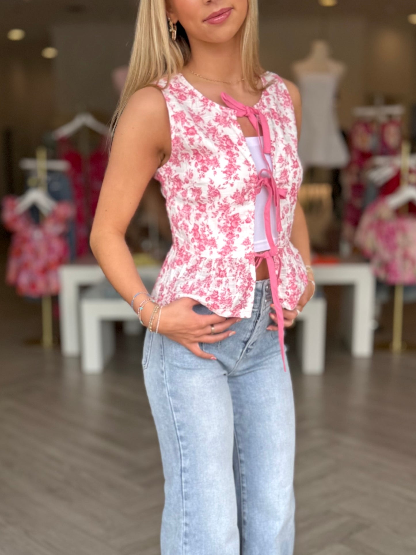 Red Floral Triple Ties Top