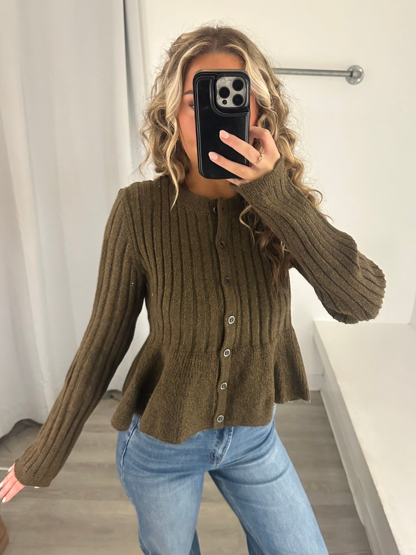 Olive Peplum Ribbed Cardigan