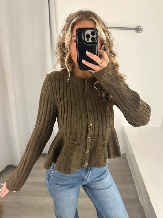 Olive Peplum Ribbed Cardigan