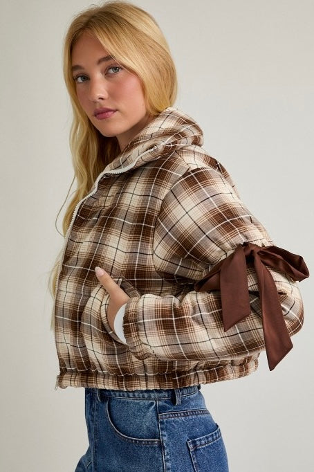 Brown/Ivory Plaid Puffer Jacket