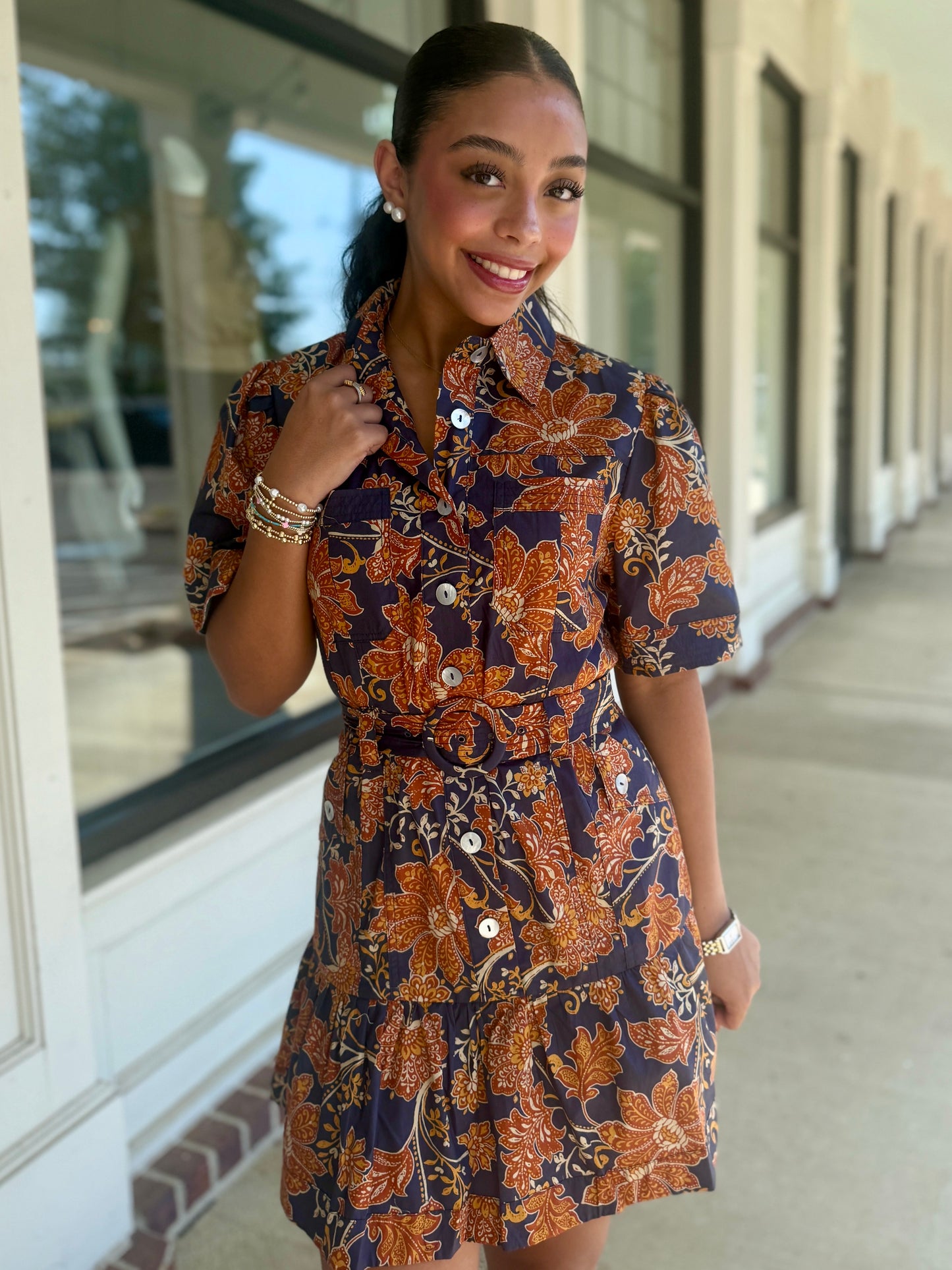 Navy/Rust Belted Dress