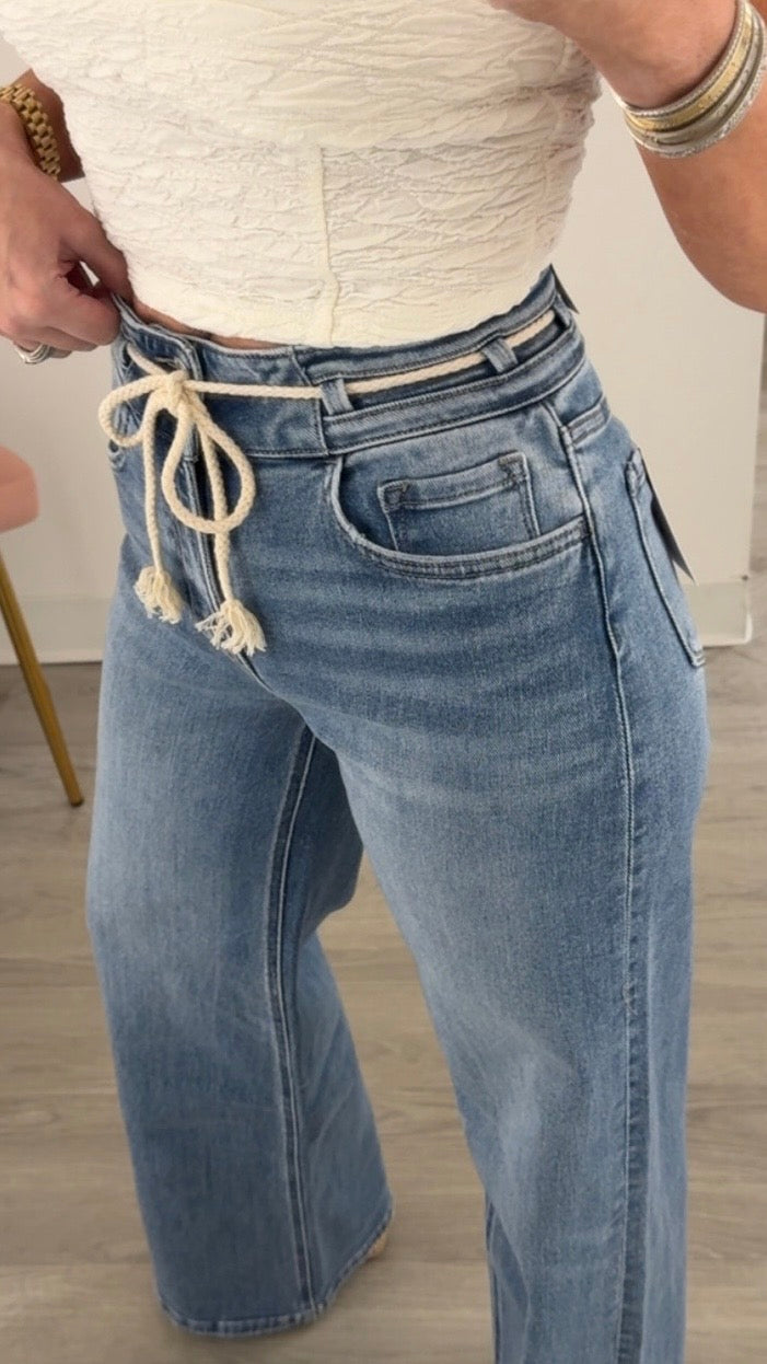 High Rise Double Button Drawstring Jean
