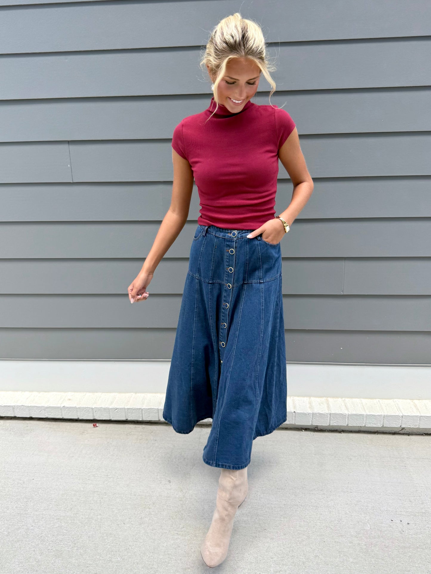 Blue Panel Detail Midi Skirt