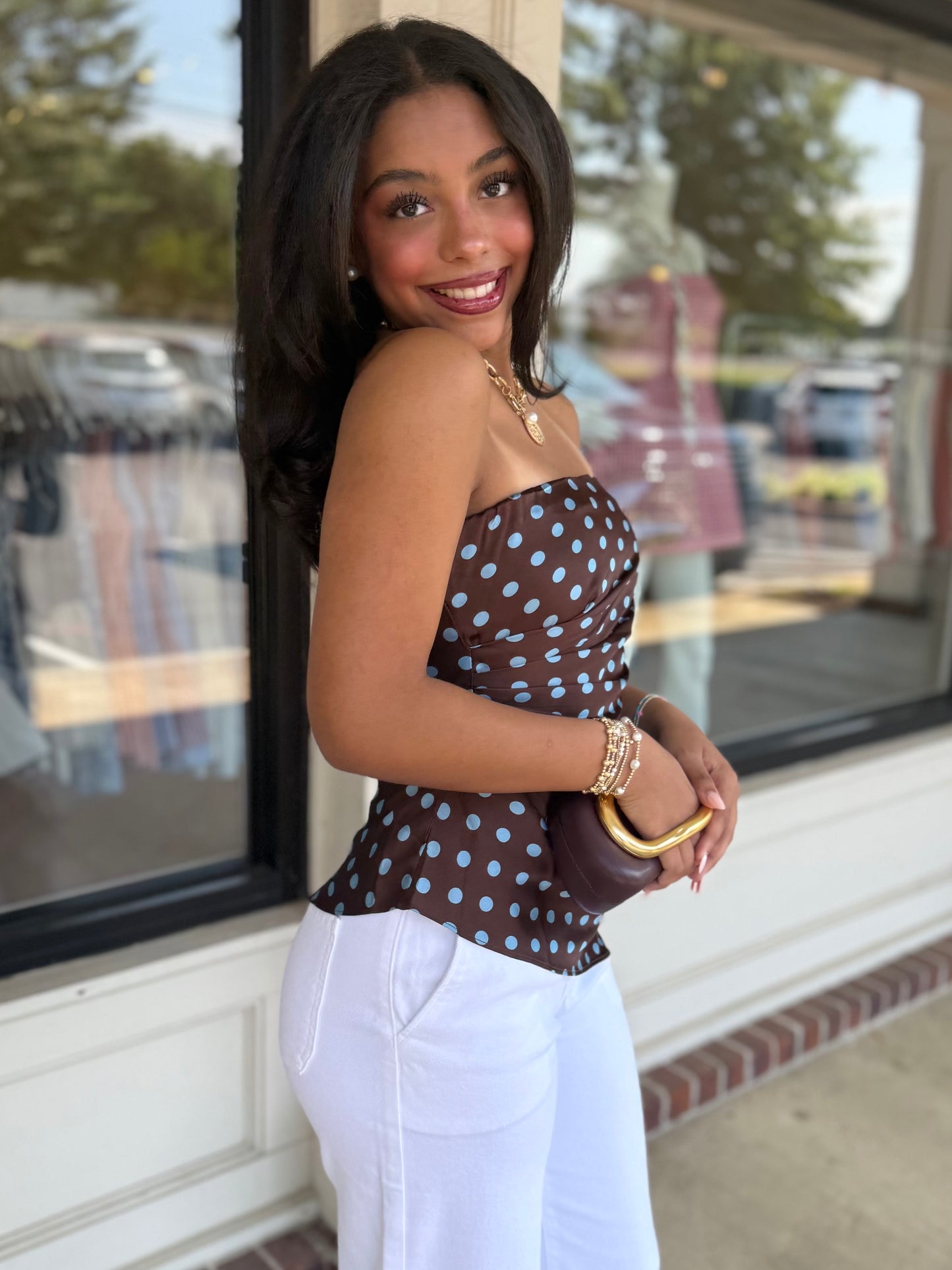 Brown/Blue Polka Dot Top